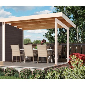 Karibu Anbaudach Elfenbeinweiß für Saunahaus Hendrik 2+3, 3,30m mit Sitzgruppe.