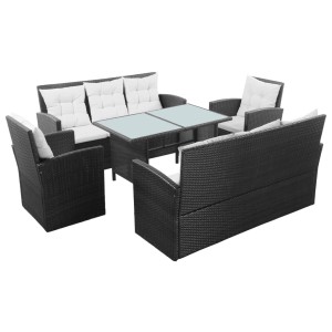 Schwarzes 5-tlg. vidaXL Garten-Lounge-Set aus Rattan mit Tisch, zwei Sofas und Sesseln mit Auflagen.