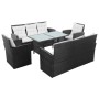 Schwarzes 5-tlg. vidaXL Garten-Lounge-Set aus Rattan mit Tisch, zwei Sofas und Sesseln mit Auflagen.