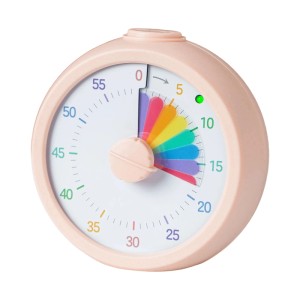 Rosa Kunststoff Timer, visuell, 60-Minuten. Regenbogen-Countdown, Drehknopf, grüne Leuchte. Ideal für Zeitmanagement in der Küche.