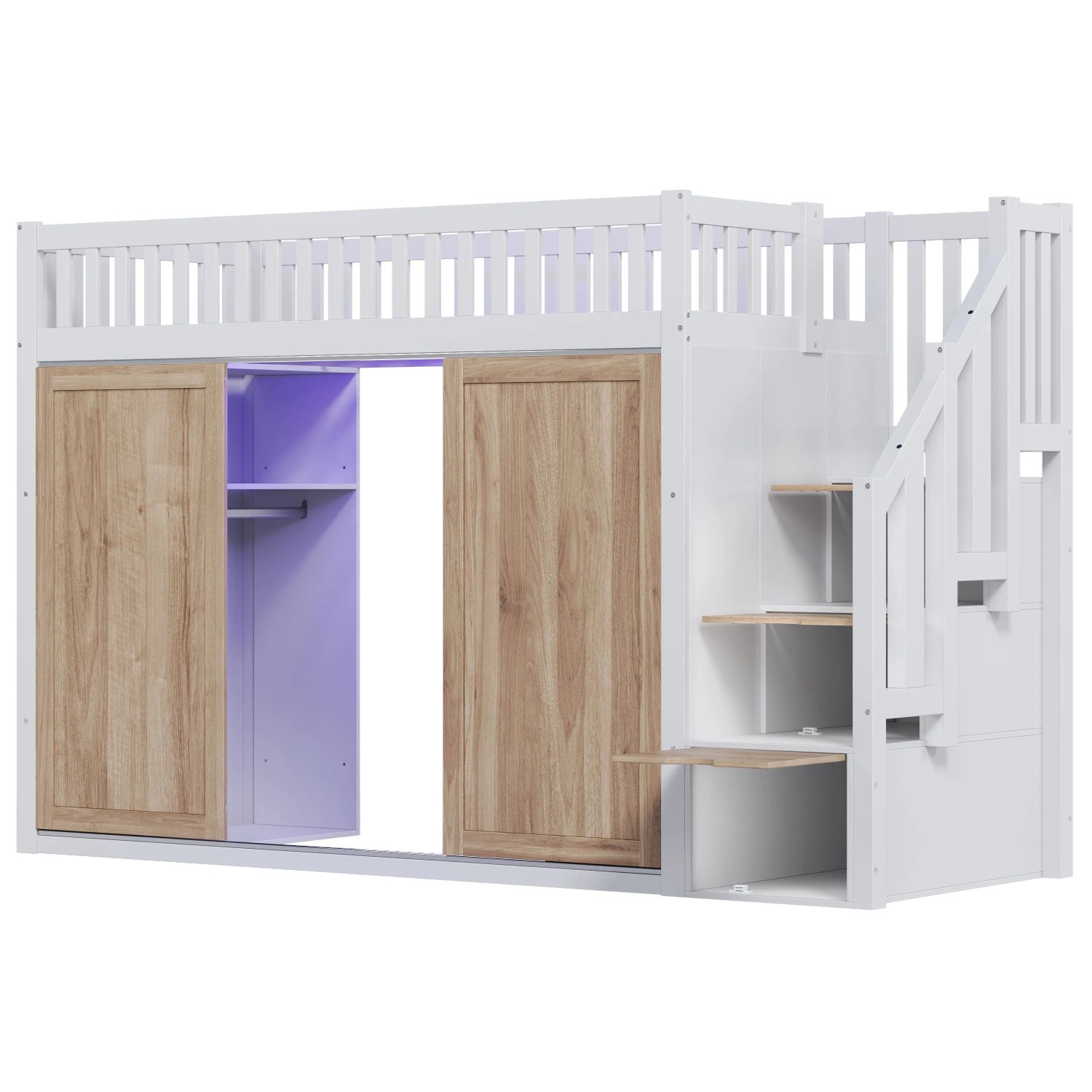Merax Hochbett 90 x 200 cm mit Kleiderschrank Treppenschrank LED Weiß Eiche