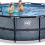 EXIT Stone Pool, Ø450x122cm, grauer Stahlrahmenpool mit Leiter und Filterpumpe. Kinder im Wasser.