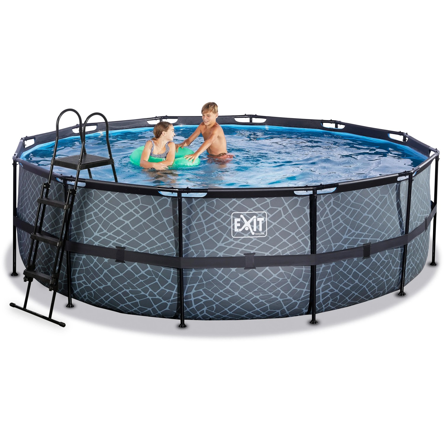 EXIT Stone Pool, Ø450x122cm, grauer Stahlrahmenpool mit Leiter und Filterpumpe. Kinder im Wasser.