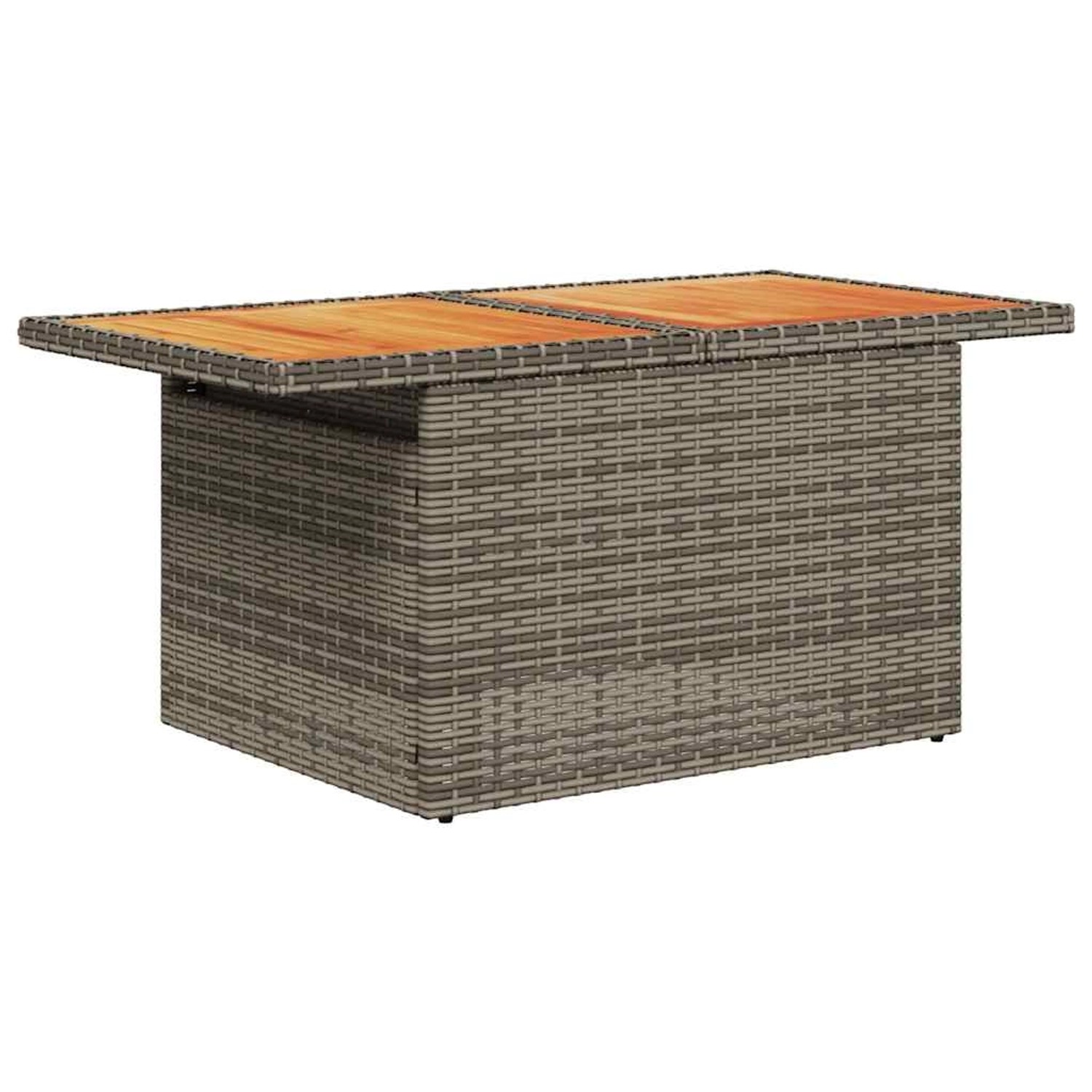 Grauer vidaXL Gartentisch aus Polyrattan mit Akazienholzplatte, Teil der 5-tlg. Sofagarnitur.