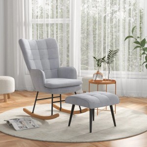 Grauer HOMCOM Schaukelstuhl mit Hocker in Leinenoptik. Gepolsterter Sessel mit Holz-Kufen für Wohnzimmer.