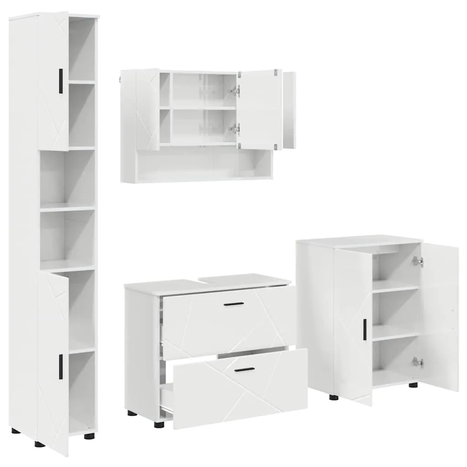 vidaXL Badezimmermöbel-Set 4-Tlg Hochglanz-Weiß Sperrholz und Metall 3393087
