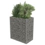 Rechteckiges Gabionen-Hochbeet aus Stahl, gefüllt mit Steinen und bepflanzt.