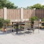 7-tlg. Garten-Essgruppe mit grauen Polyrattan-Stühlen und schwarzem Tisch für den Außenbereich.