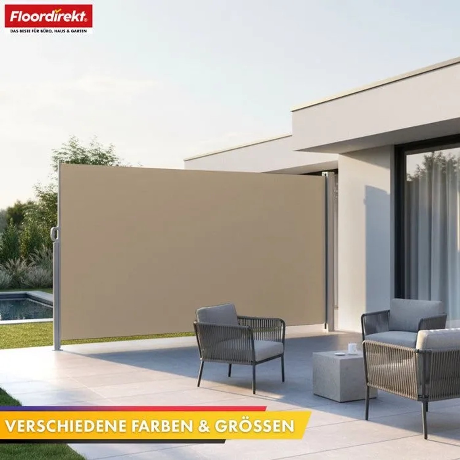 Beige Floordirekt Seitenmarkise 160x350 cm, ausziehbar, als Sicht- und Sonnenschutz auf moderner Terrasse.