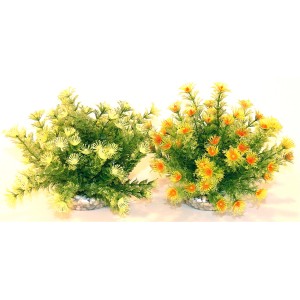 Zwei Kunststoff-Aquariumpflanzen Marina Bowl, 21 cm hoch, in Gelb- und Orangetönen.