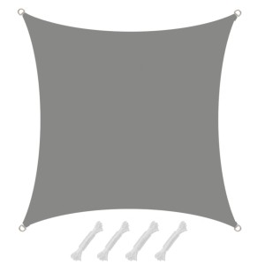 Graues, quadratisches AMANKA Sonnensegel 3x3m aus Polyester mit D-Ringen und Seilen für UV-Schutz und Wasserdichtigkeit.
