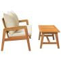 2-teiliges Bistro-Set aus Akazienholz mit cremefarbenen Kissen für Garten oder Terrasse.