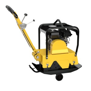 Güde Rüttelplatte GRP 125, gelb/schwarz, für Garten- und Landschaftsbau. Baumaschine mit Fahrwerk und vibrationsgedämpften Handgriff.