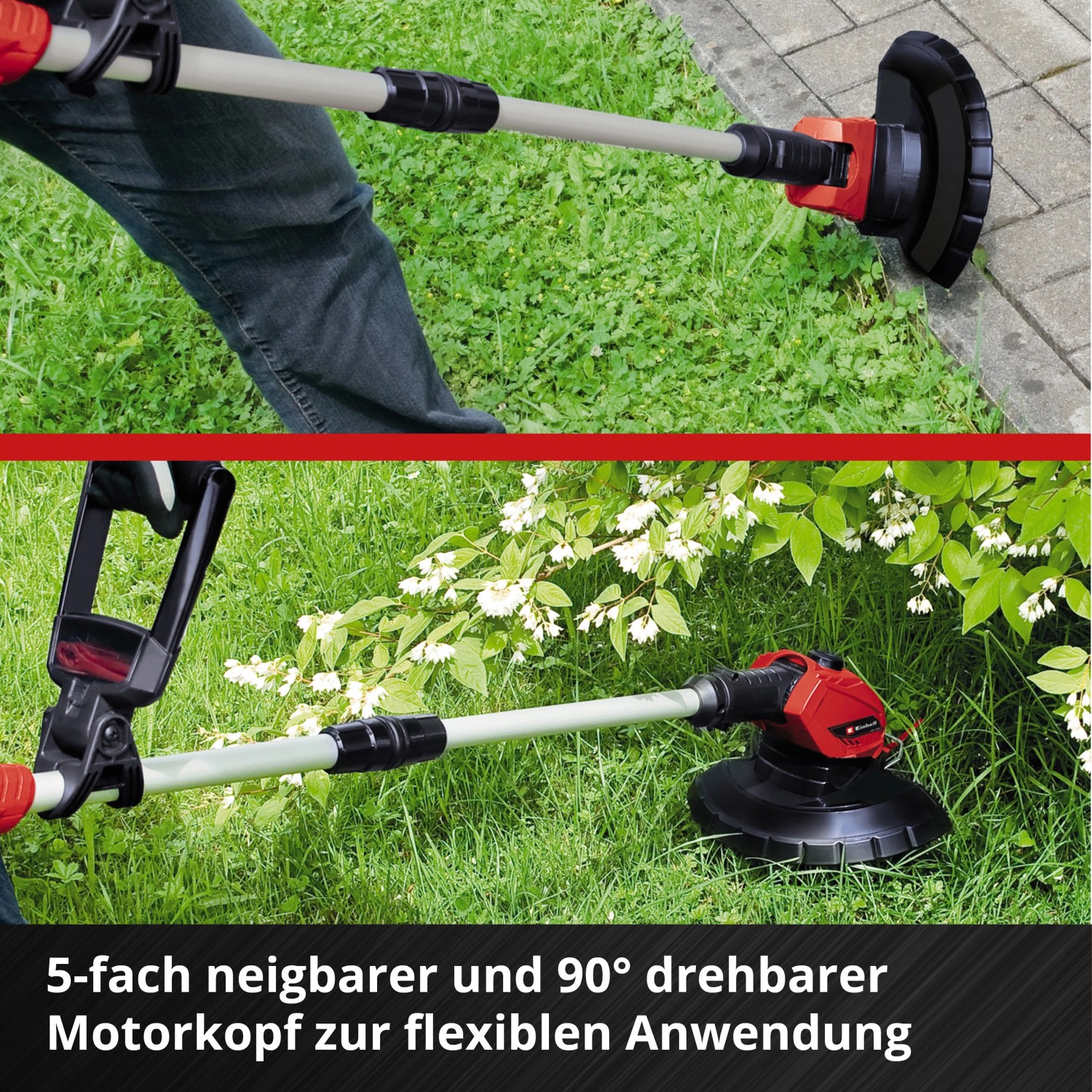 Einhell Akku-Rasentrimmer GE-CT 18 Li Kit beim Trimmen von Rasenkanten und Ausputzen.