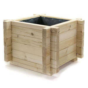 HolzFee Pflanzkasten Country aus hellem, naturbelassenem Kiefernholz, 51x51x36 cm, mit dunkler Innenfolie.
