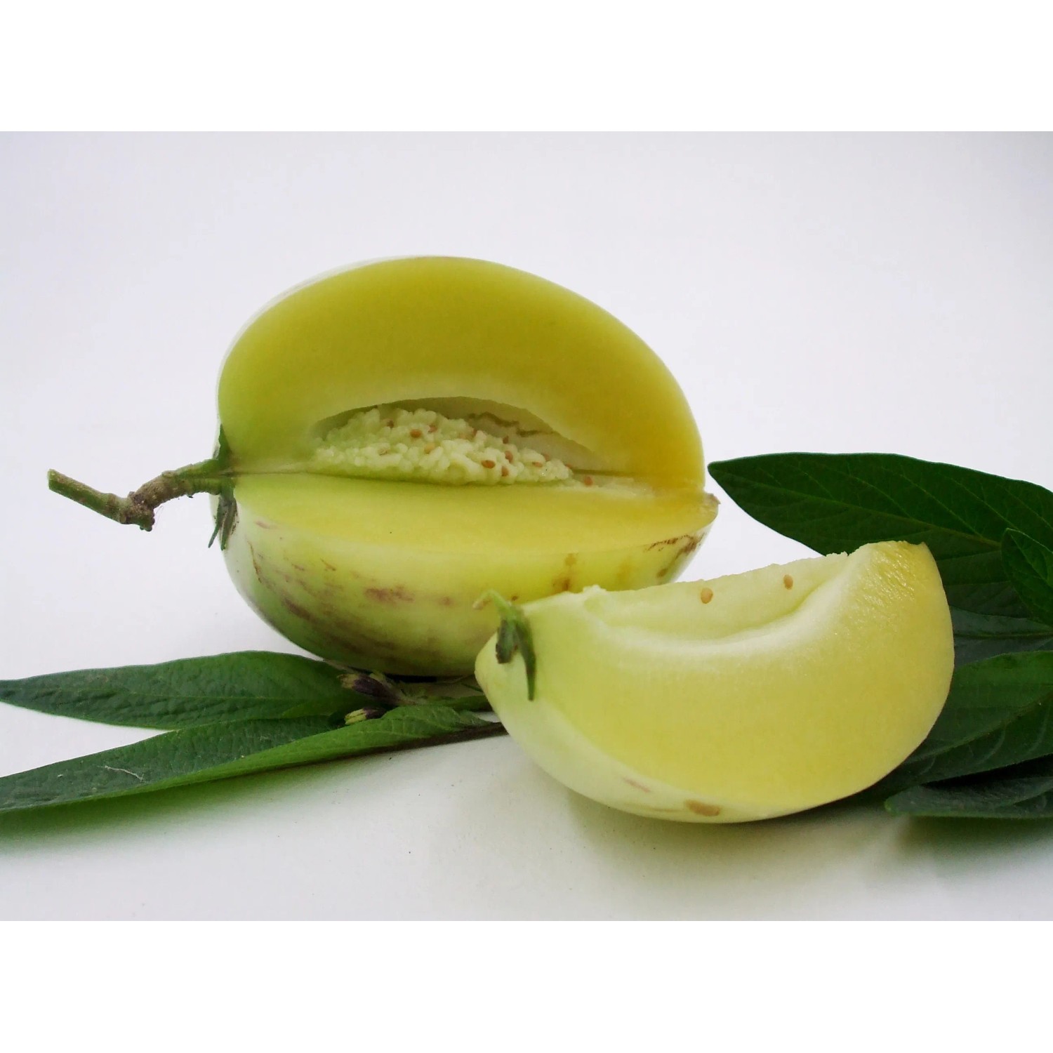 Gelbe Melonenbirne "Pepino Gold", angeschnitten, mit Fruchtfleisch und Kernen, im Topf.