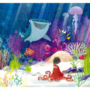 Disney Fototapete Dory-Aqua-Party mit Nemo, Dory, Hai und Oktopus im bunten Unterwasser-Look.