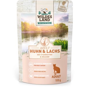 Wildes Land Katzen-Nassfutter Huhn & Lachs, 100g Packung. Alleinfutter für adulte Katzen.