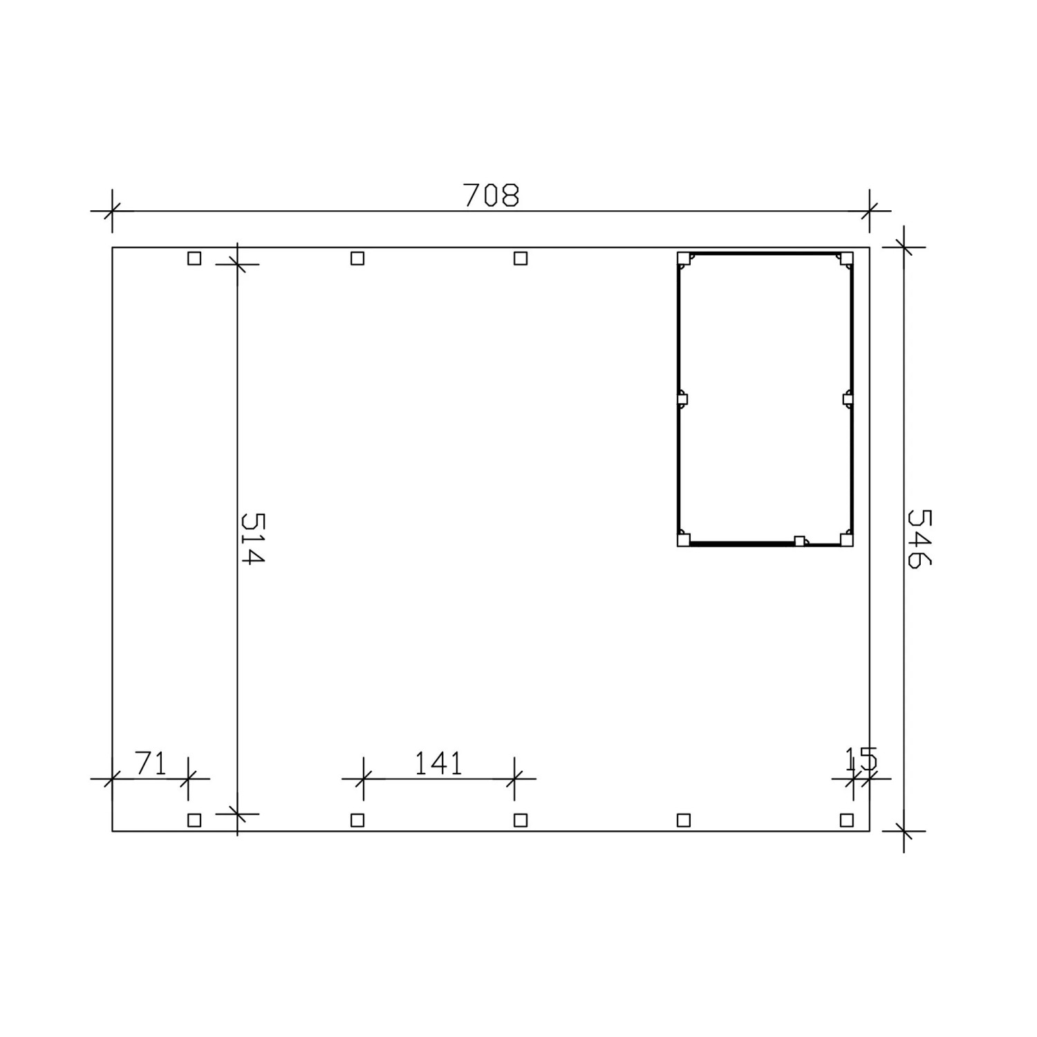 Grundriss Skan Holz Carport Friesland mit Abstellraum, 708x546 cm. Zeigt Pfostenpositionen und Lagerraum.