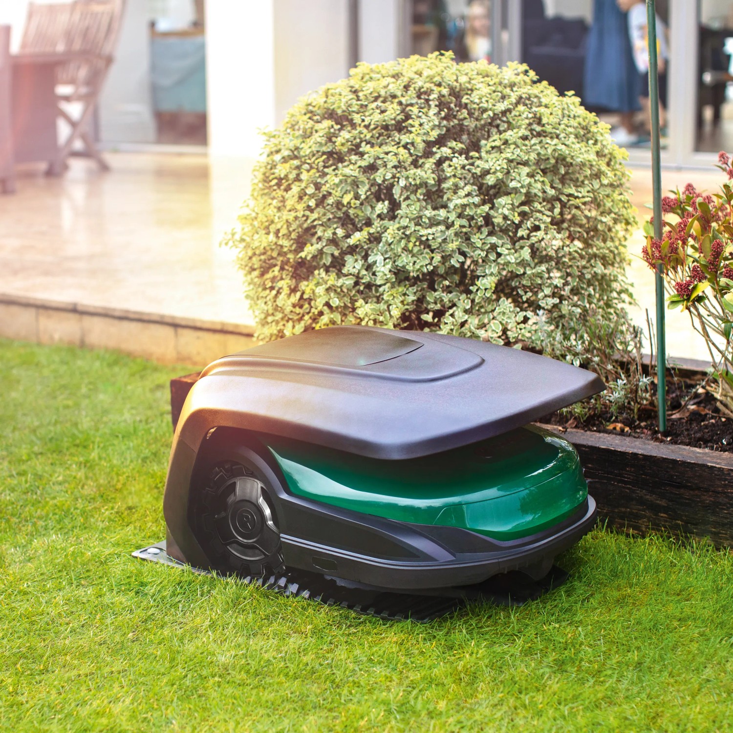 Robomow RK1000 Mähroboter auf Rasen vor Busch, geeignet für Flächen bis 1.000 m².