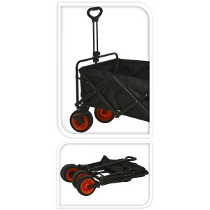 Faltbarer, schwarzer Bollerwagen für Camping & Freizeit mit orangefarbenen Rädern, zusammengeklappt und aufgebaut.