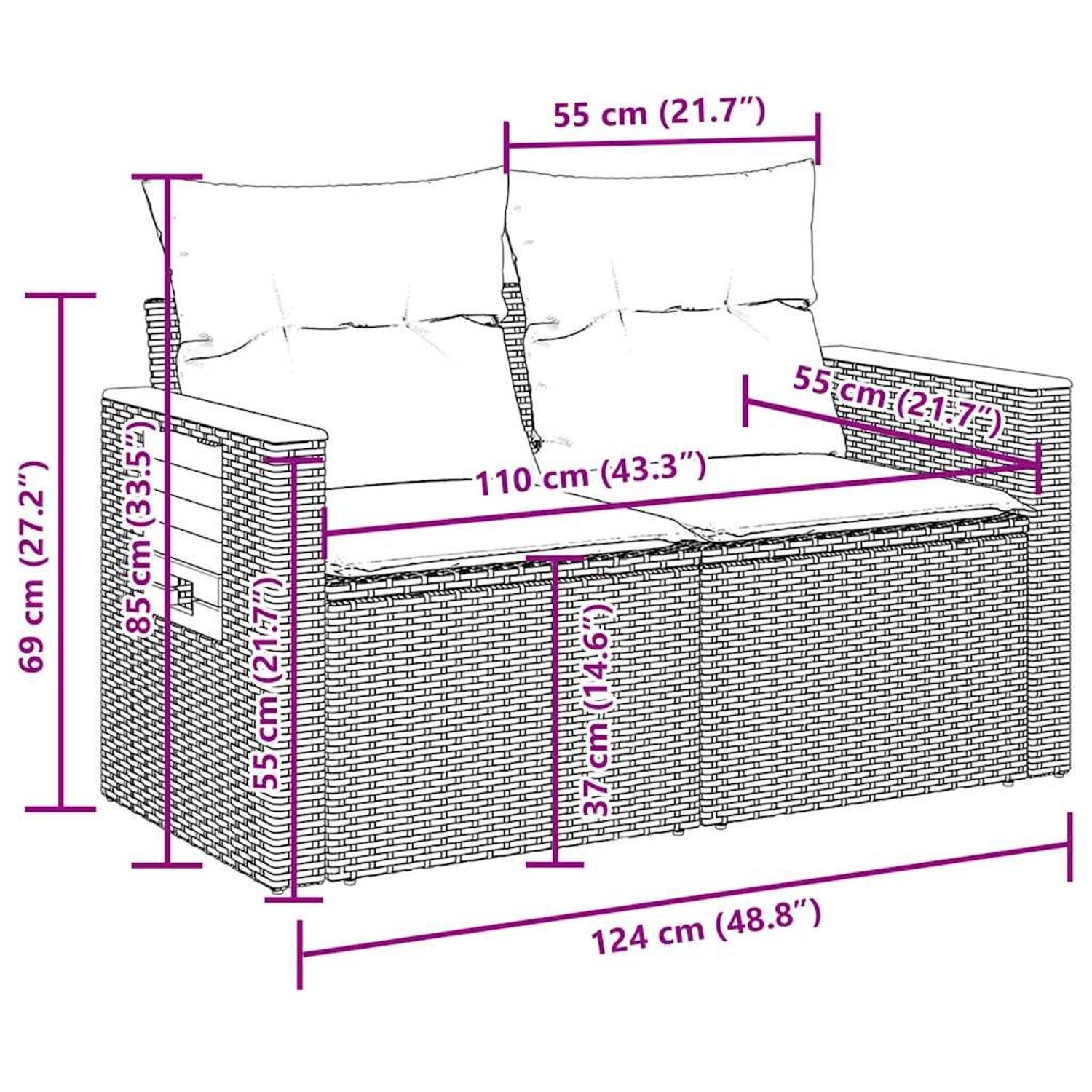 vidaXL Garten-Sofagarnitur, 6-teilig, beige Poly Rattan, mit Maßangaben.