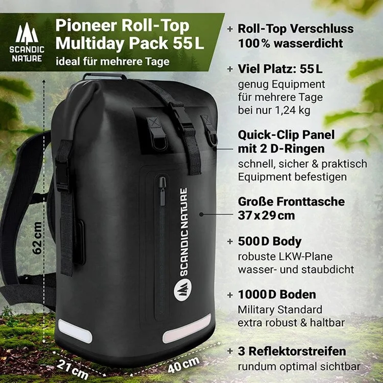 Schwarzer SCANDIC NATURE Rucksack Pioneer 55L, wasserdicht, Roll Top, ideal für Outdoor, Wandern und Trekking.