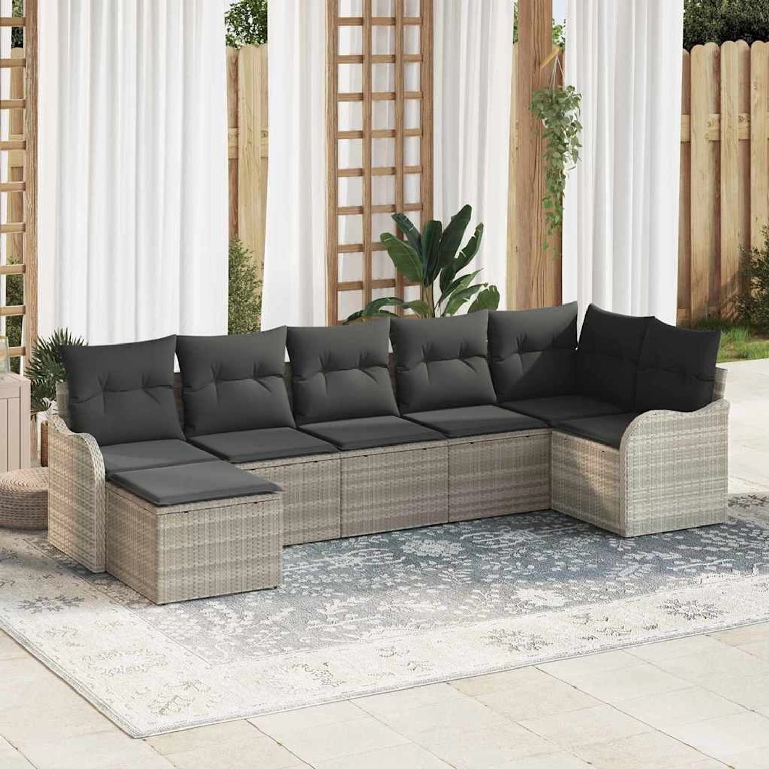 Hellgraues 7-teiliges Garten-Sofa-Set aus Poly Rattan mit Kissen von vidaXL.