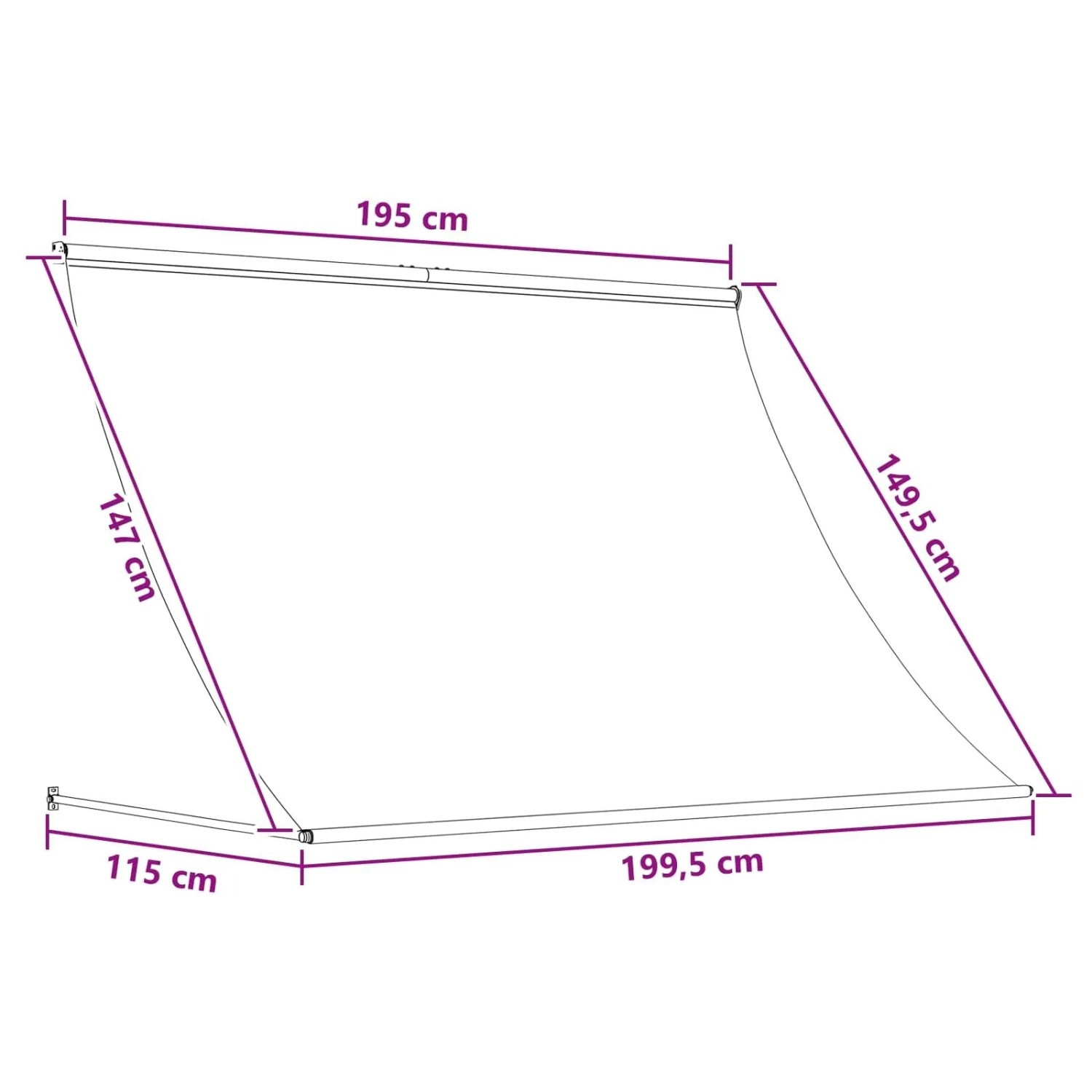 Technische Zeichnung der vidaXL Markise mit Maßen: Breite 195/199,5 cm, Ausfall 147/149,5 cm, Tiefe 115 cm.