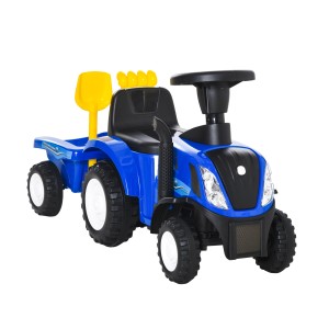 Blauer HOMCOM Kinder Traktor Rutschauto NEW HOLLAND mit Anhänger und gelbem Spielzeug.