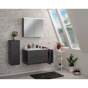 Fackelmann Spiegelschrank B.Perfekt Dark Oak 80 cm im Badezimmer mit Waschtisch und Hängeschrank.