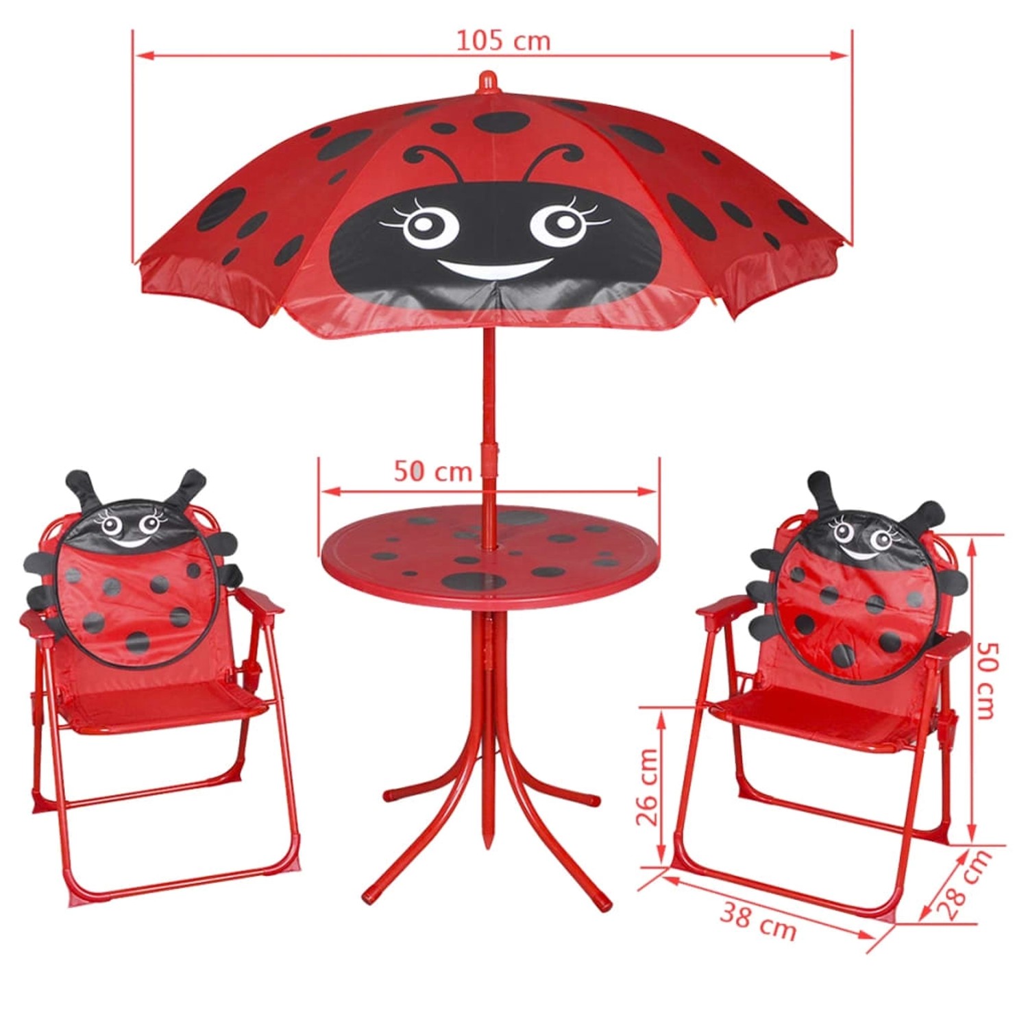 vidaXL Garten-Bistro-Set, 3-teilig, rot, mit Marienkäfer-Design für Kinder: Tisch, Schirm und zwei Stühle.