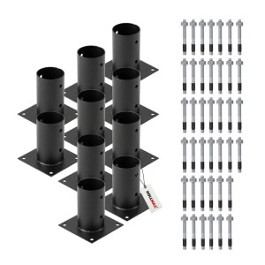 10 schwarze HOLLMAX Aufschraubhülsen/Pfostenträger 80 mm für Rundholzpfosten, inkl. Schwerlastanker. Pulverbeschichteter Stahl.