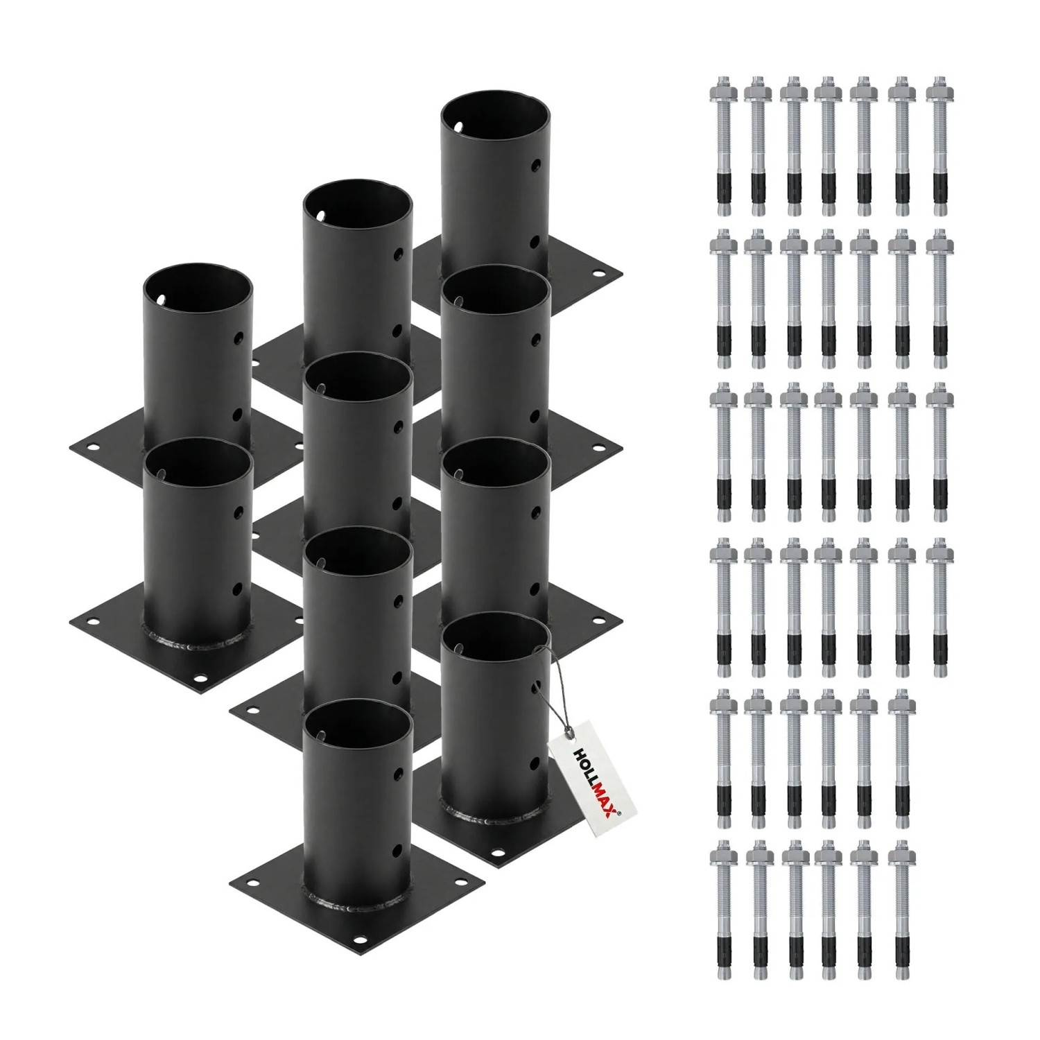 HOLLMAX 10 Stk. Aufschraubhülse/Pfostenträger 80 mm inkl. Schwerlastanker 10 x 100 mm Pulverbeschichtet Schwarz für Rundholzpfosten