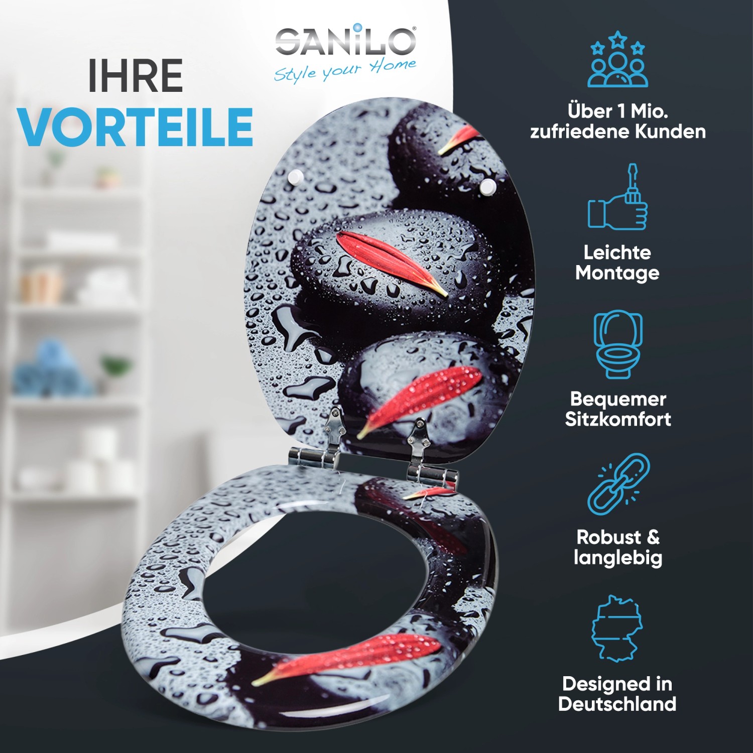 Sanilo WC-Sitz Elegance mit Absenkautomatik, Holz, Steindesign mit roter Blüte.