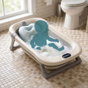 Relaxdays Babybadewanne Kunststoff Cremeweiß Grau Klappbar Rutschfest mit Kissen 20 cm x 78 cm x 50 cm