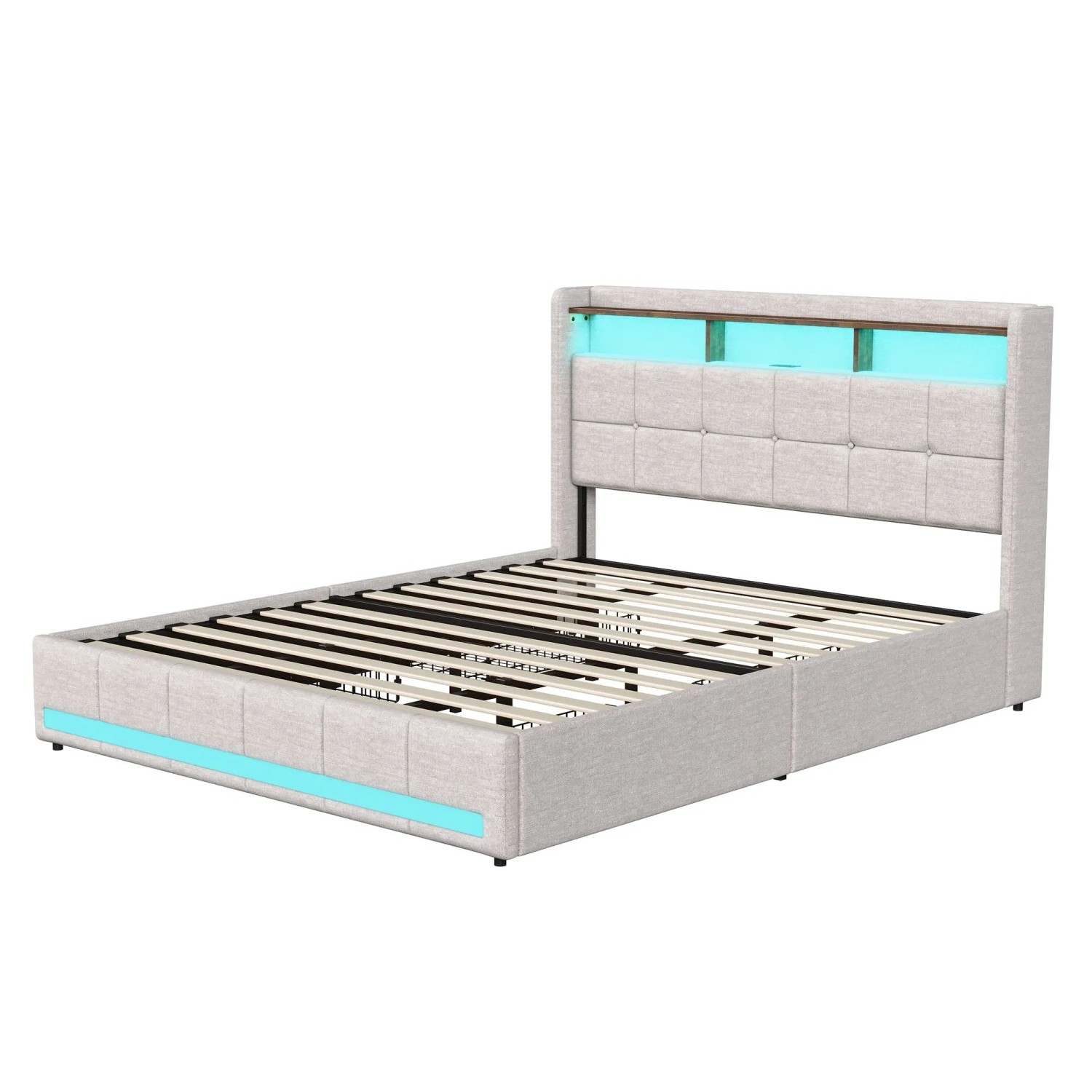 Polsterbett 180x200cm mit 4 Schubladen LED und USB Bett mit Regal Kopfteil Lattenrost Beige