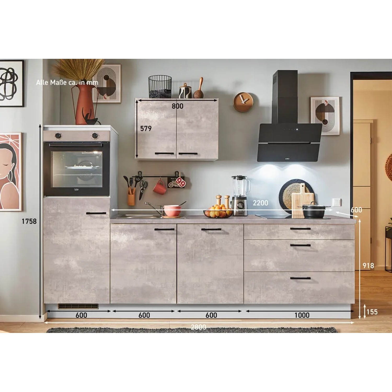 Küchenzeile in Beton Perlgrau, 280 cm breit, mit Elektrogeräten und Spüle.