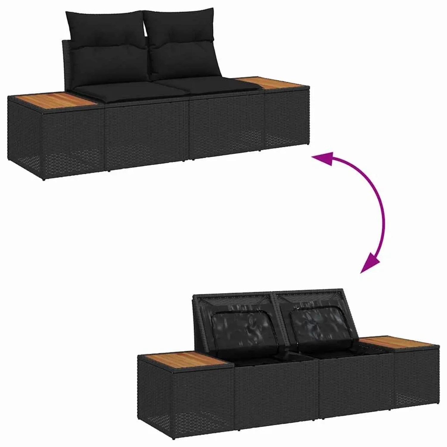 vidaXL Garten-Sofa-Set, 8-teilig, schwarz, Poly Rattan, mit Stauraum und Kissen.