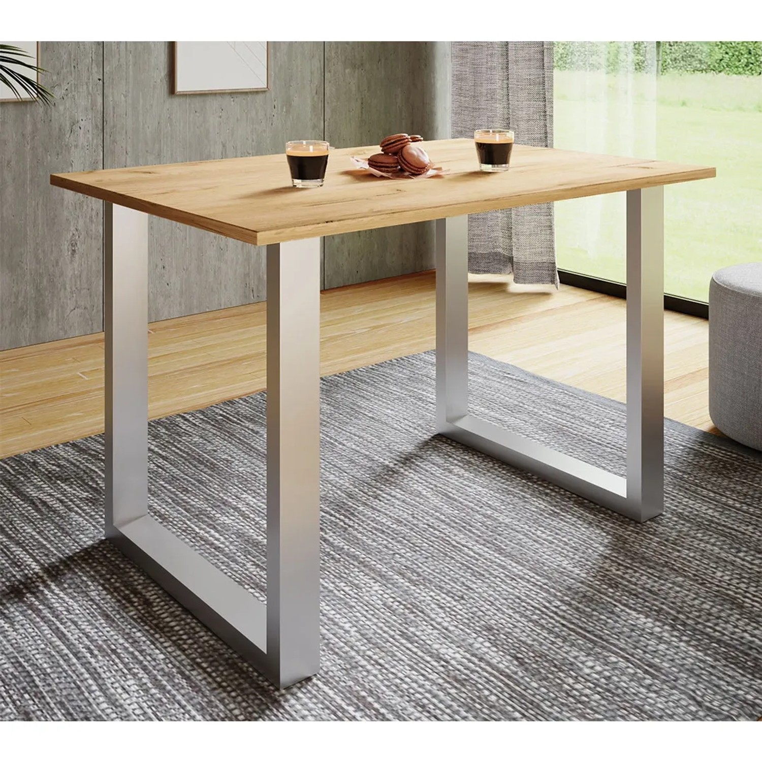 Ebuy24 Esstisch XonaU, 140x80 cm, Eiche Dekor mit silberfarbenem Gestell.