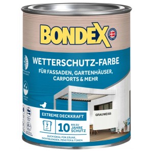 Dose Bondex Wetterschutzfarbe Grauweiß für Holz im Außenbereich, bis zu 10 Jahre Schutz.