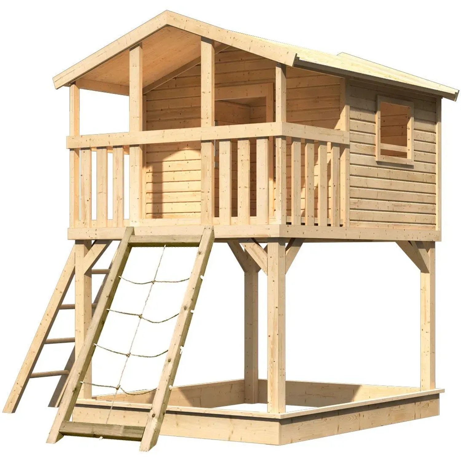 Karibu Stelzenhaus Benjamin mit Netzrampe, naturbelassen, mit Leiter und Sandkasten.