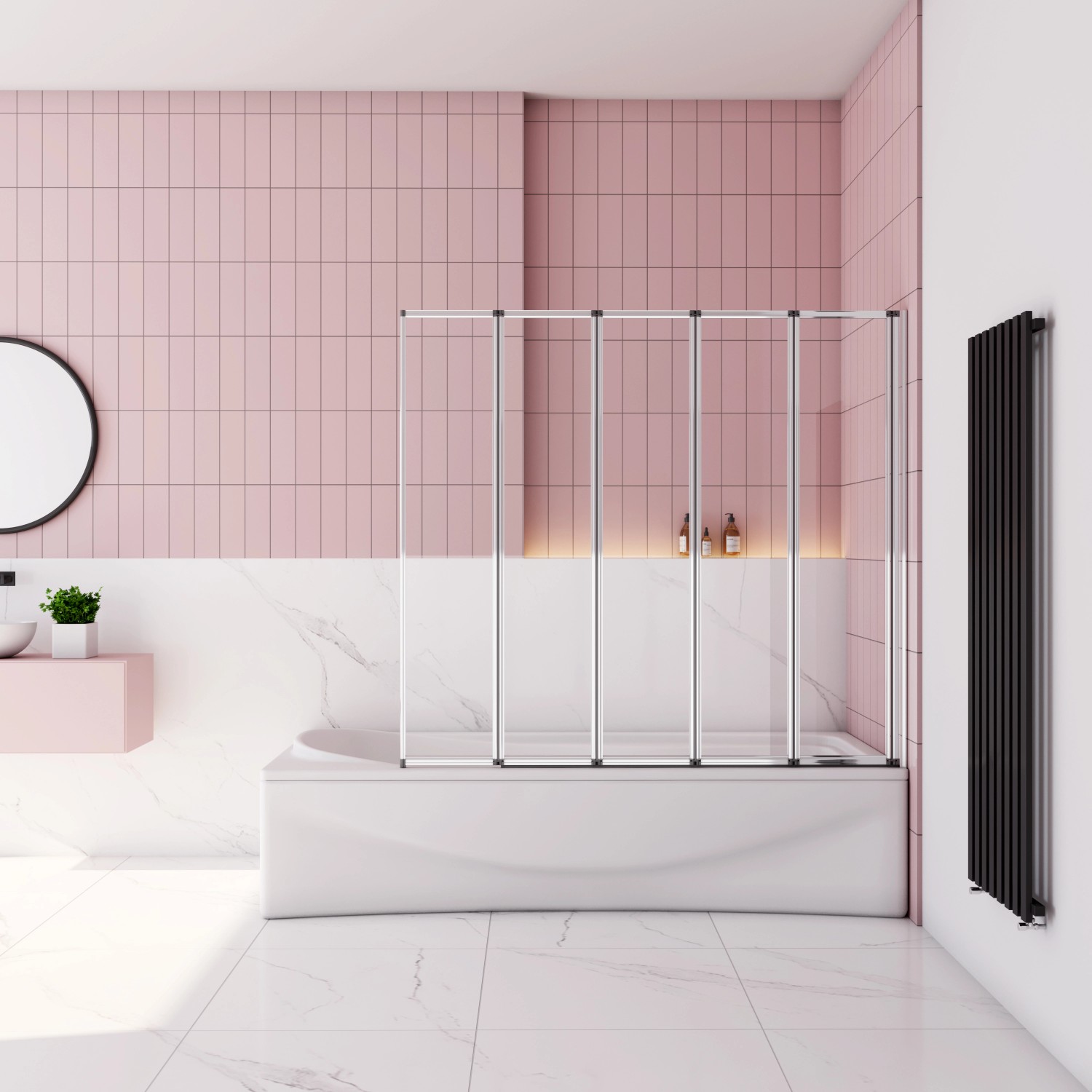 AICA 5-teilige Duschtrennwand aus Glas mit Chromrahmen als Badewannenaufsatz.