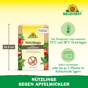 Neudorff Nützlinge gegen Apfelwickler Bestell-Karte. Gelbe Packung mit Äpfeln, durchgestrichener Larve. Für 5 Apfelbäume.