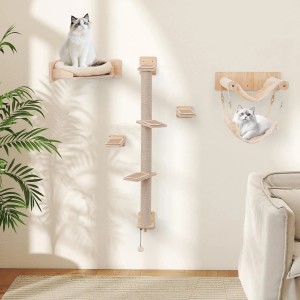 Costway Katzenbaum Wand Kletterbaum Holz Natur 5 PCS-2 Hängematten