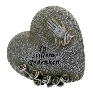 Herzförmige Grabdekoration mit Rosen und betenden Händen, In stillem Gedenken.