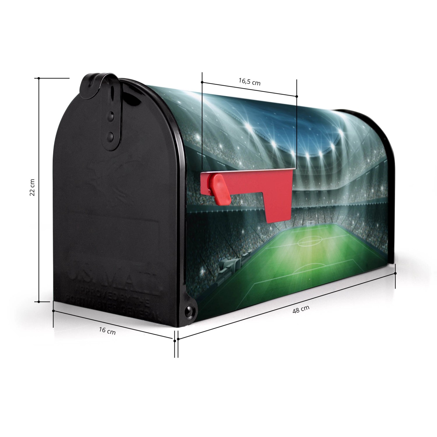 Schwarzer US Briefkasten mit Arena Motiv, Stahl, 48x22x16cm. Ideal als Wand- oder Standbriefkasten.