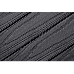 Anthrazitfarbene Florco WPC Klickfliese mit 3D Holzstruktur, geeignet für Terrasse und Balkon.