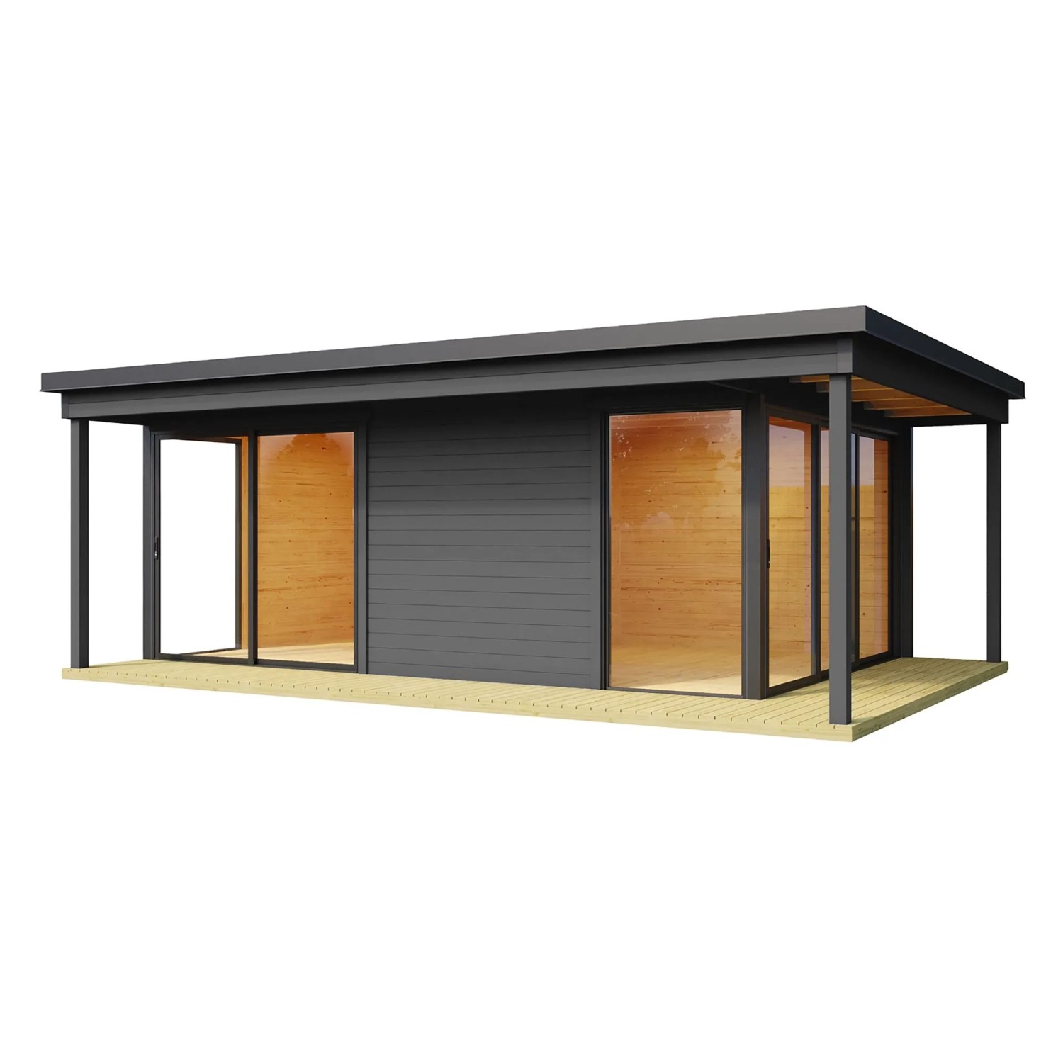 Modernes, carbongraues Lasita Gartenhaus Domeo 3 Loggia mit überdachter Terrasse und Schiebetüren.