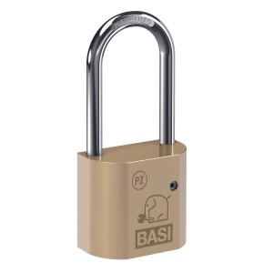 Basi Vorhangschloss 80mm, Messinggehäuse mit Stahlbügel, vorgerichtet für Profil-Halbzylinder.